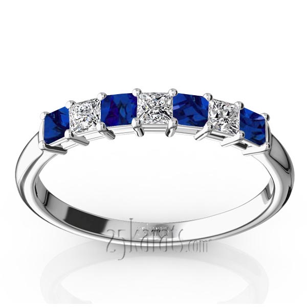 Blue Sapphire & Diamond Alternating Shared Prong Anniversary Band