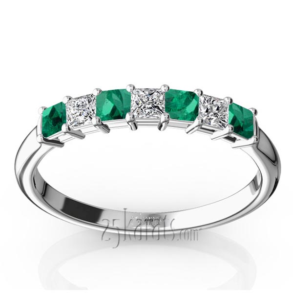 Emerald & Diamond Alternating Shared Prong Anniversary Band