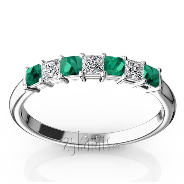 14K white gold Emerald & Diamond Alternating Shared Prong Anniversary Band - main view