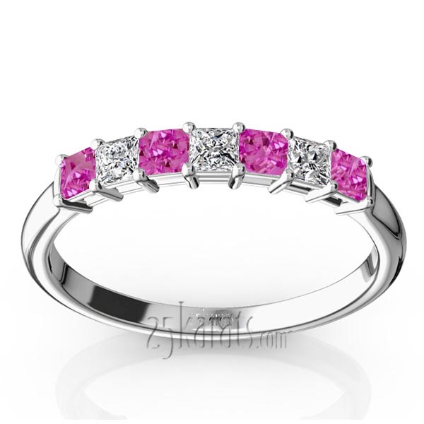 Pink Sapphire & Diamond Alternating Shared Prong Anniversary Band