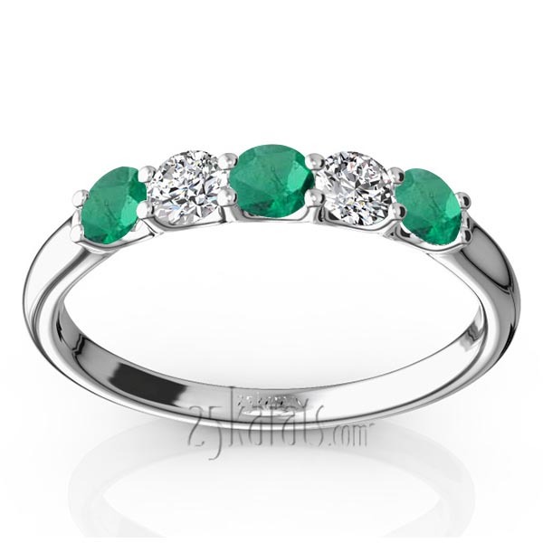 14K white gold U-Prong Set Emerald & Diamond Alternating Anniversary Band - main view