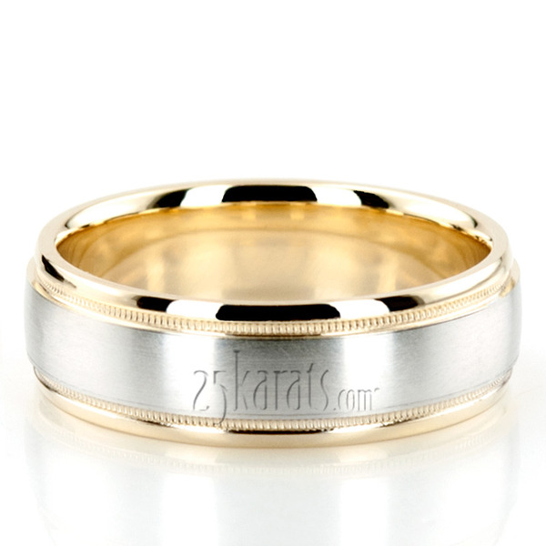 Two-Color Brush Finish Milgrain Wedding Ring 