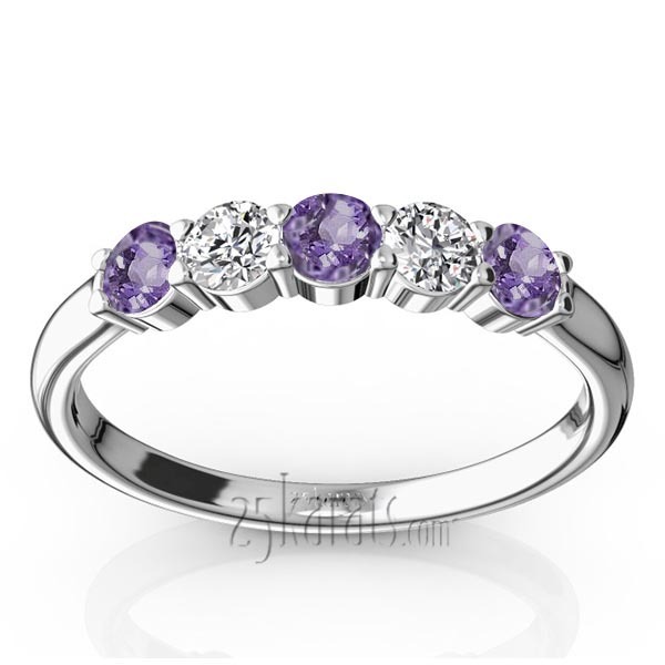 14K white gold Shared Prong Basket Setting Amethyst & Diamond Anniversary Band - main view