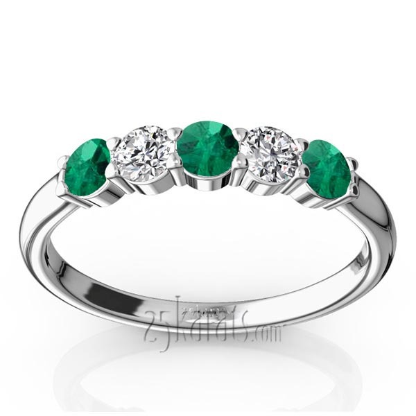 14K white gold Shared Prong Basket Setting Emerald & Diamond Anniversary Band - main view
