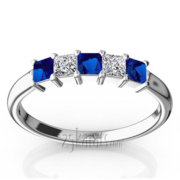 Shared Prong Princess Cut Blue Sapphire & Diamond Anniversary Band