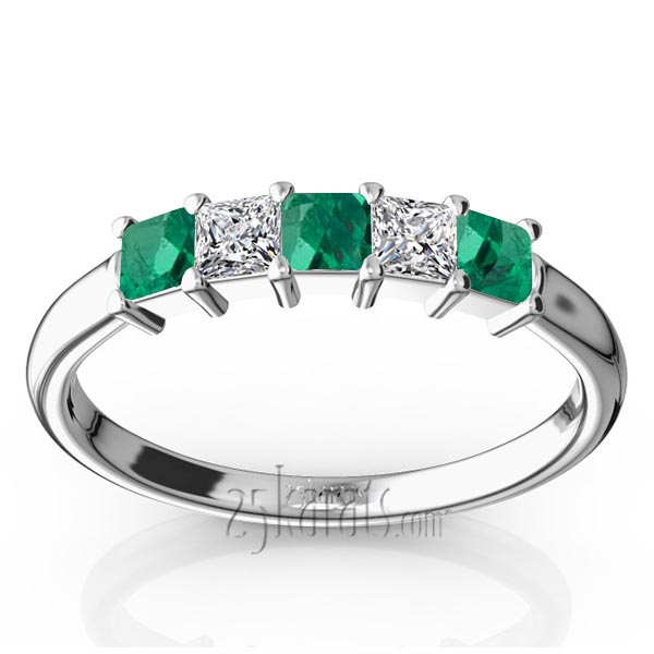 Shared Prong Princess Cut Emerald & Diamond Anniversary Band