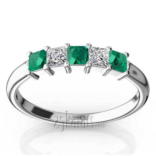 14K white gold Shared Prong Princess Cut Emerald & Diamond Anniversary Band - main view