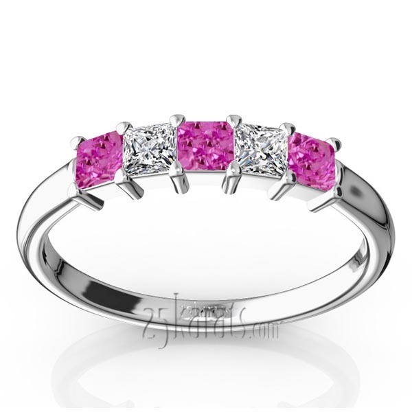 14K white gold Shared Prong Princess Cut Pink Sapphire & Diamond Anniversary Band - main view