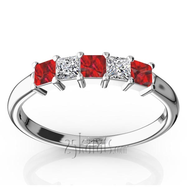 14K white gold Shared Prong Princess Cut Ruby & Diamond Anniversary Band - main view