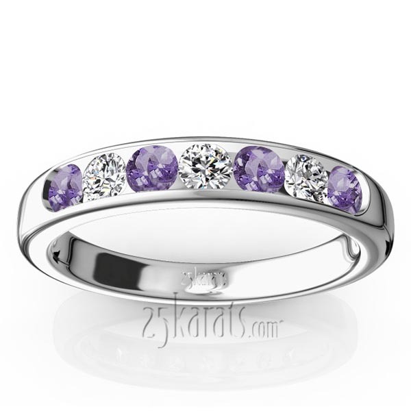 14K white gold Channel Set Round Amethyst & Diamond Anniversary Band - main view