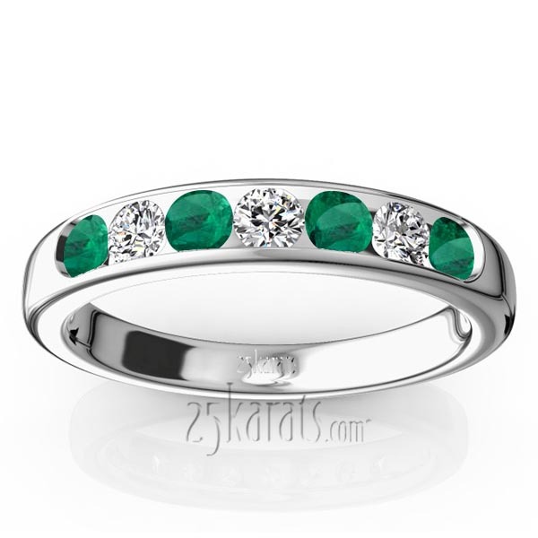 14K white gold Channel Set Round Emerald & Diamond Anniversary Band - main view