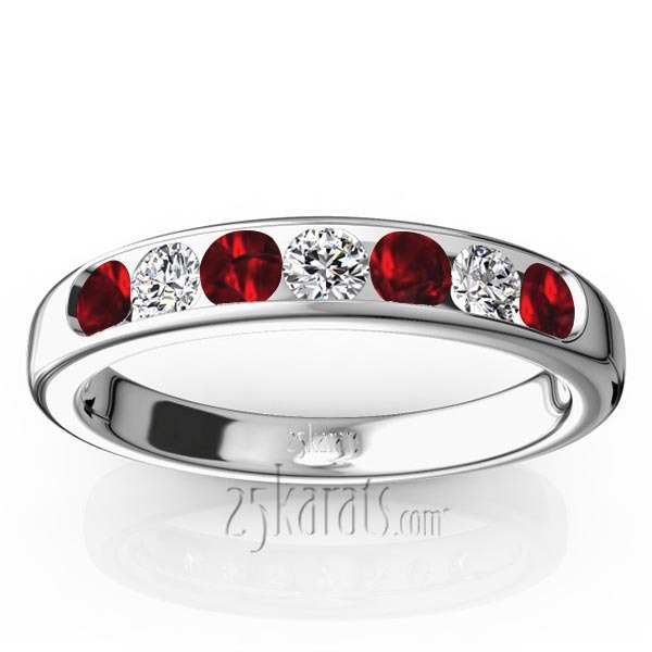 14K white gold Channel Set Round Garnet & Diamond Anniversary Band - main view