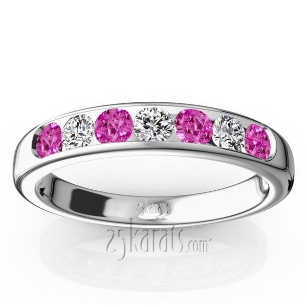 14K white gold Channel Set Round Pink Sapphire & Diamond Anniversary Band - main view