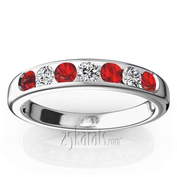 14K white gold Channel Set Round Ruby & Diamond Anniversary Band - main view