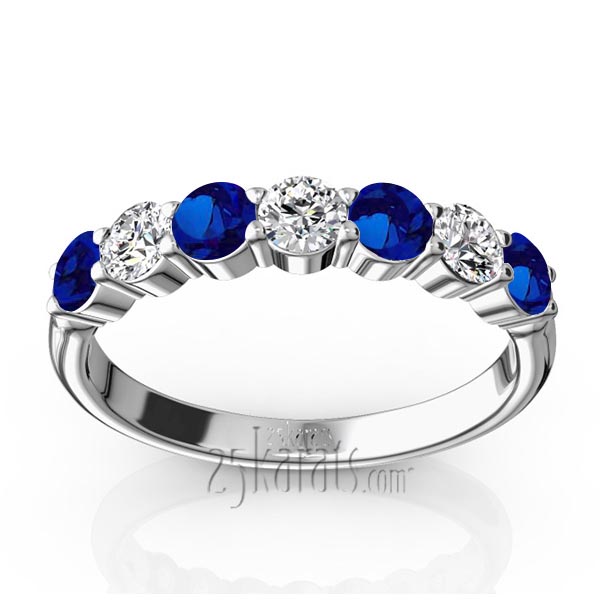 7-Stone Basket Setting Blue Sapphire & Diamond Anniversary Band