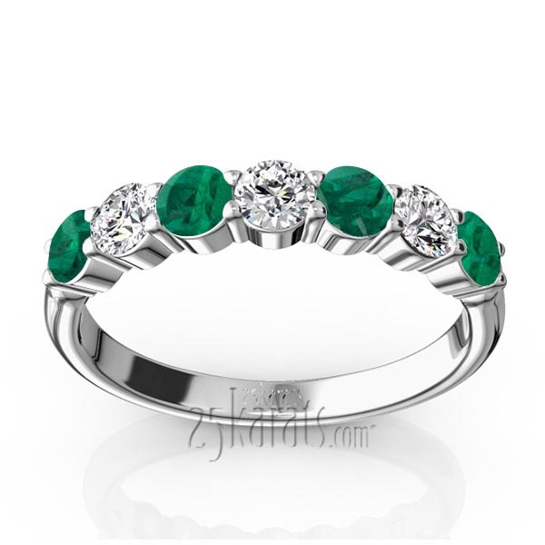 14K white gold 7-Stone Basket Setting Emerald & Diamond Anniversary Band - main view