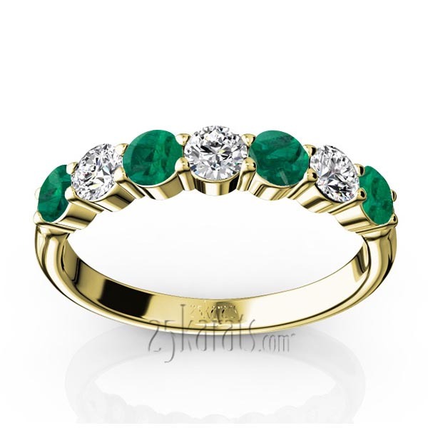 14K white gold 7-Stone Basket Setting Emerald & Diamond Anniversary Band - alternate view 2