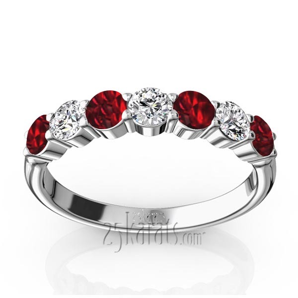 14K white gold 7-Stone Basket Setting Garnet & Diamond Anniversary Band - main view
