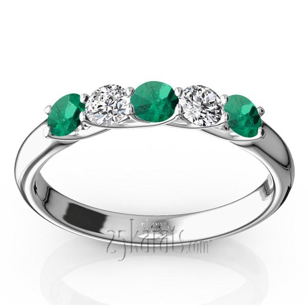 14K white gold Trellis Setting 5-Stone Emerald & Diamond Anniversary Band - main view
