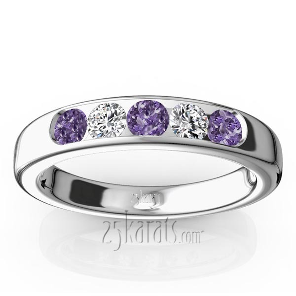 14K white gold Channel Set 5-Stone Amethyst & Diamond Anniversary Band - main view