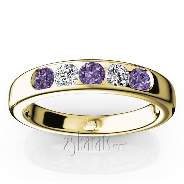 14K white gold Channel Set 5-Stone Amethyst & Diamond Anniversary Band - alternate view 2