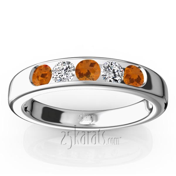 14K white gold Channel Set 5-Stone Citrine & Diamond Anniversary Band - main view