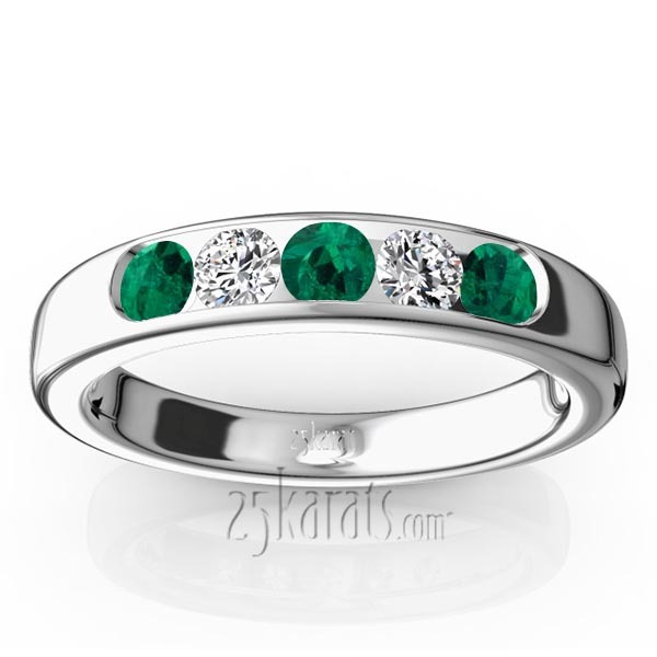 14K white gold Channel Set 5-Stone Emerald & Diamond Anniversary Band - main view