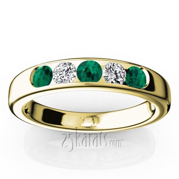 14K white gold Channel Set 5-Stone Emerald & Diamond Anniversary Band - alternate view 2