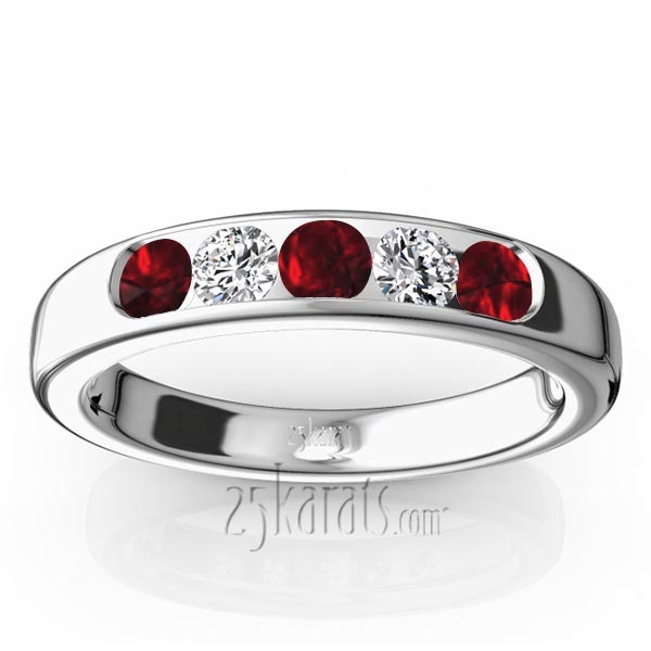 14K white gold Channel Set 5-Stone Garnet & Diamond Anniversary Band - main view
