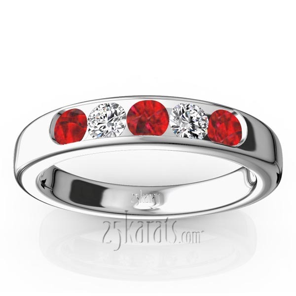 14K white gold Channel Set 5-Stone Ruby & Diamond Anniversary Band - main view