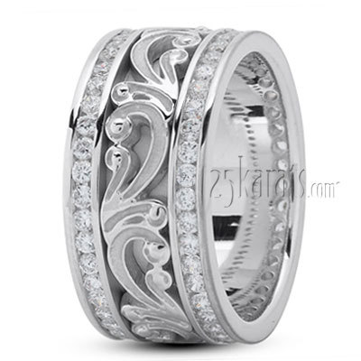 14K white gold 11mm. high polish Floral-Carved-Diamond-Wedding-Ring - alternate view 2