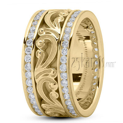 14K yellow gold 11mm. high polish Floral-Carved-Diamond-Wedding-Ring - alternate view 3