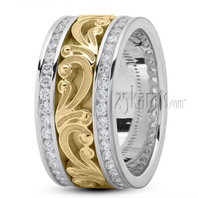 14K white-yellow-white gold 11mm. high polish Floral-Carved-Diamond-Wedding-Ring - alternate view 4