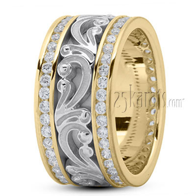 14K yellow-white-yellow gold 11mm. high polish Floral-Carved-Diamond-Wedding-Ring - main view