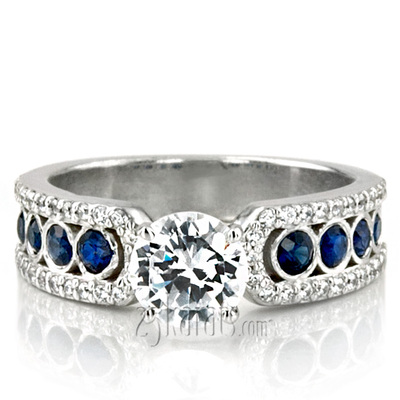 Pave Set Diamond Engagement Ring With Blue Sapphire Accent