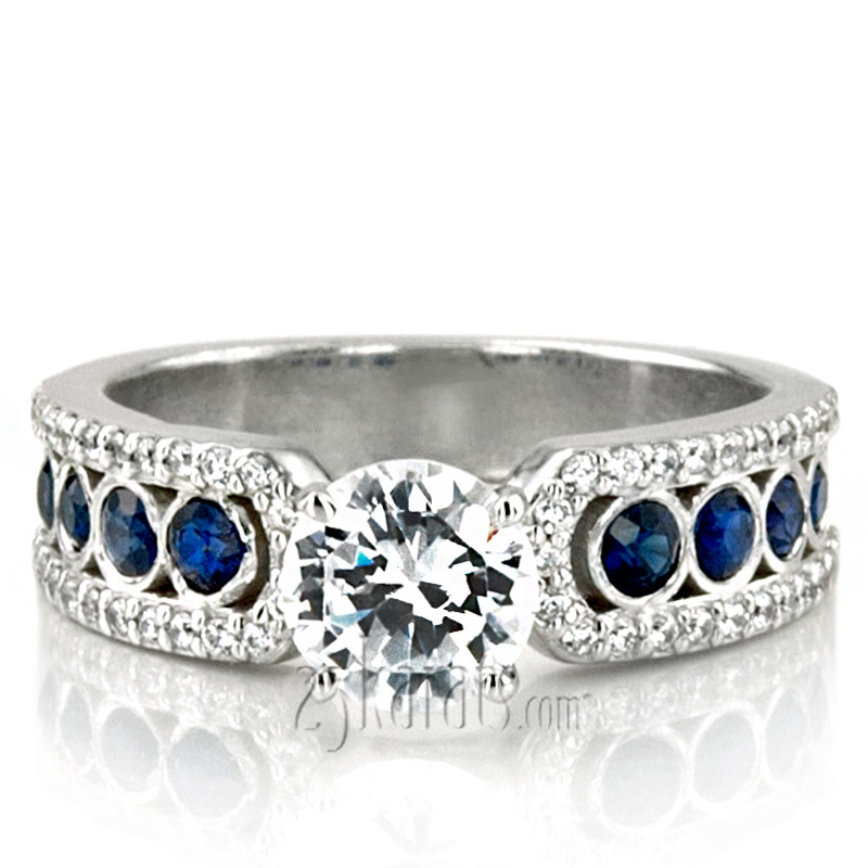 14K white gold Pave Set Diamond Engagement Ring With Blue Sapphire Accent - main view