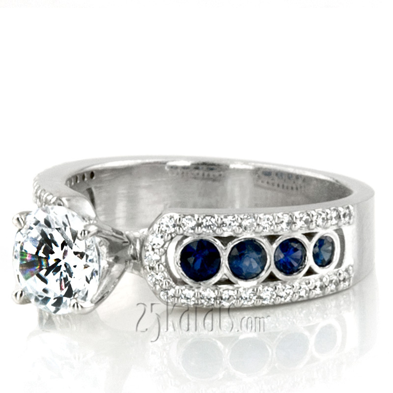 14K white gold Pave Set Diamond Engagement Ring With Blue Sapphire Accent - alternate view 2