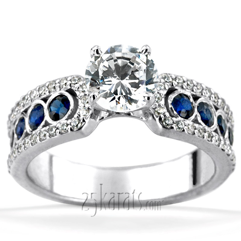 14K white gold Pave Set Diamond Engagement Ring With Blue Sapphire Accent - alternate view 3
