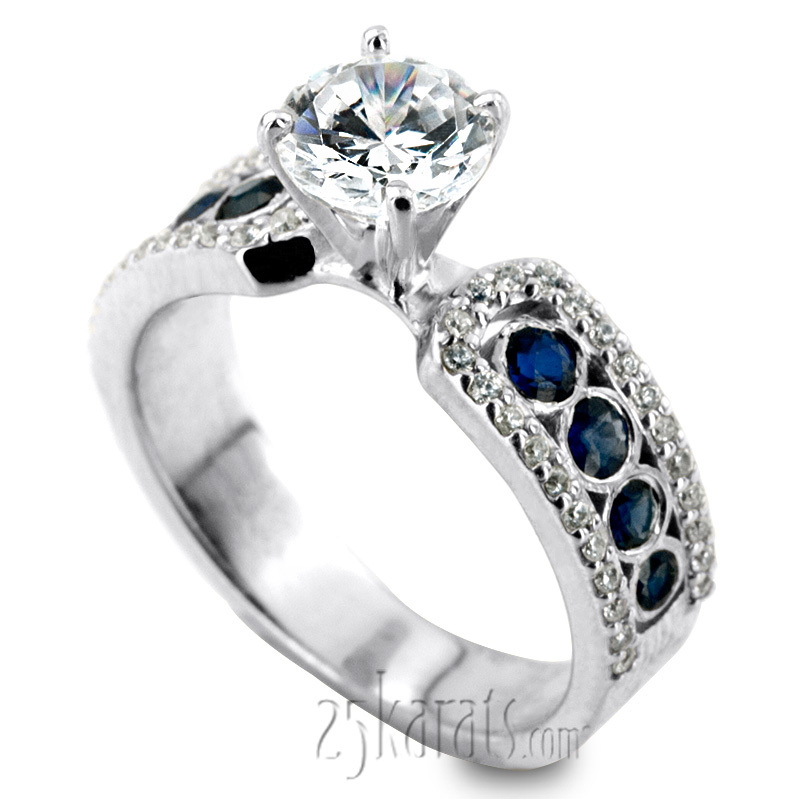 14K white gold Pave Set Diamond Engagement Ring With Blue Sapphire Accent - alternate view 5