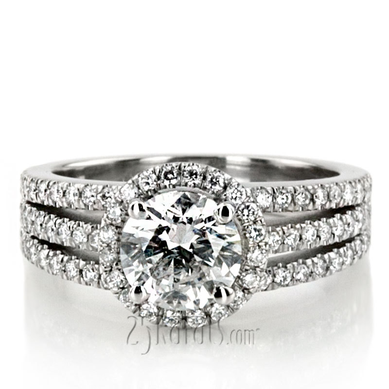 14K white gold Split Trio Shank Pave Set Halo Engagement Ring (3/4 ct. tw.) - main view