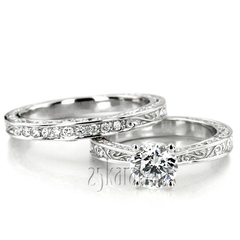 14K white gold Three Sided Scroll Design Solitaire Engagement Ring - main view