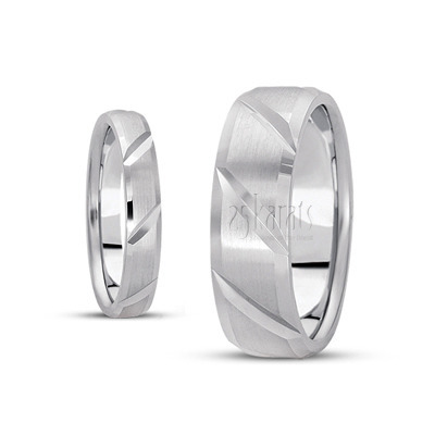 Elegant Diagonal Cut Carved Design Wedding Ring Set