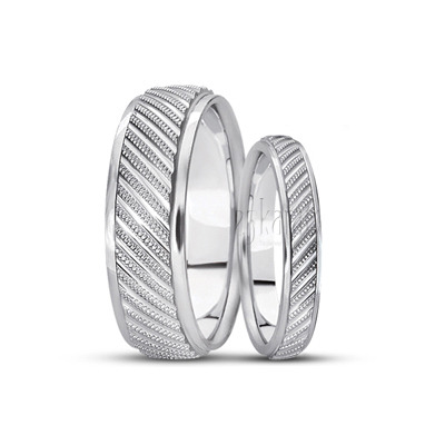 Custom Angled Cut Carved Design Wedding Band Set