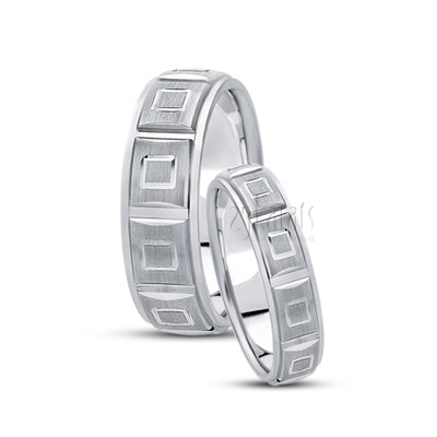 Classic Satin Finish Carved Design Wedding Band Set