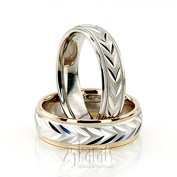 Leaf Design Two-Color Diamond Cut Wedding Ring Set