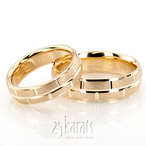 Modern Rectangular Cut Carved Design Wedding Ring Set
