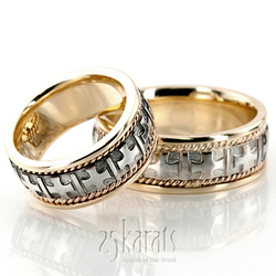 Two-Tone Cross Religious Unisex Wedding Ring Set