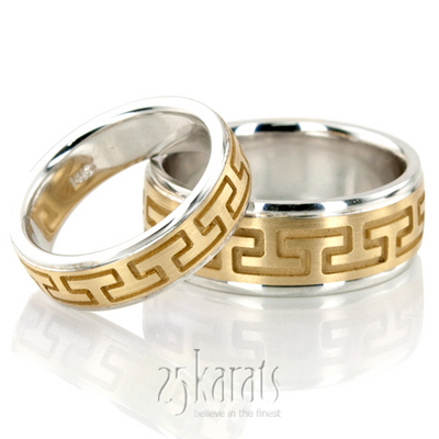 Classic High Polished Carved Design Wedding Band Set