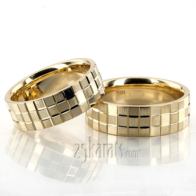 Square Cut Carved Design Wedding Ring Set