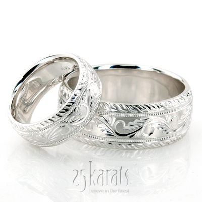 Chic Hand Engraved Leaf Design Matching Ring Set For Couples
